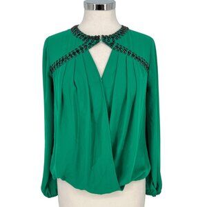 Ro & De Gem Embellished Green Keyhole Blouse Long Sleeve Size XS